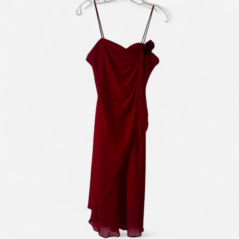 Veronica USA Vintage Red Chiffon Rosette Draped Midi Dress Wrap Skirt Size M